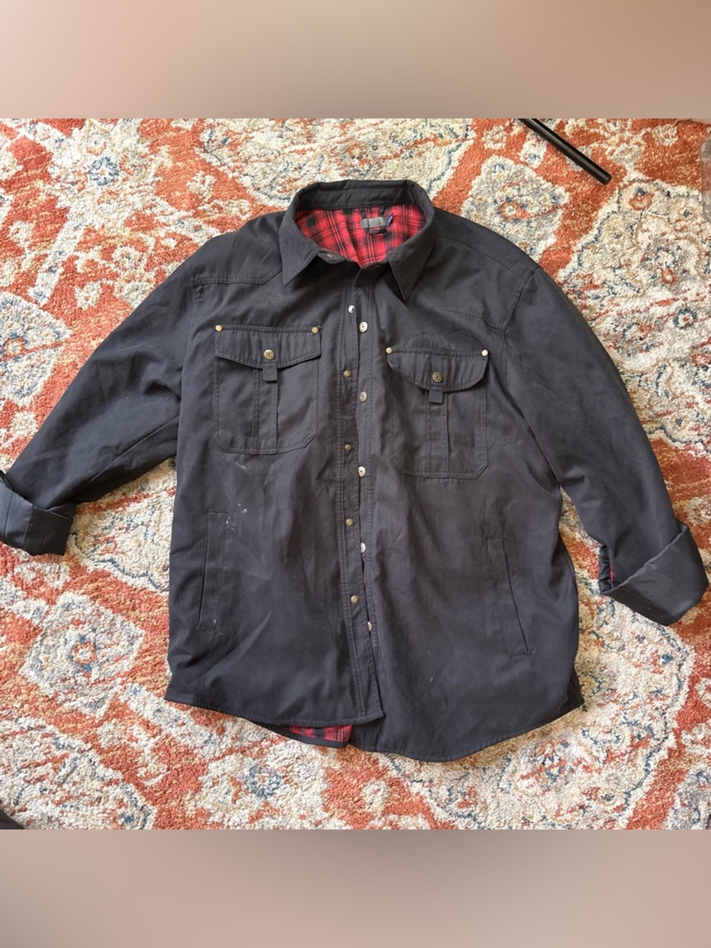Black Button-Up Shacket with Red Plaid Lining
